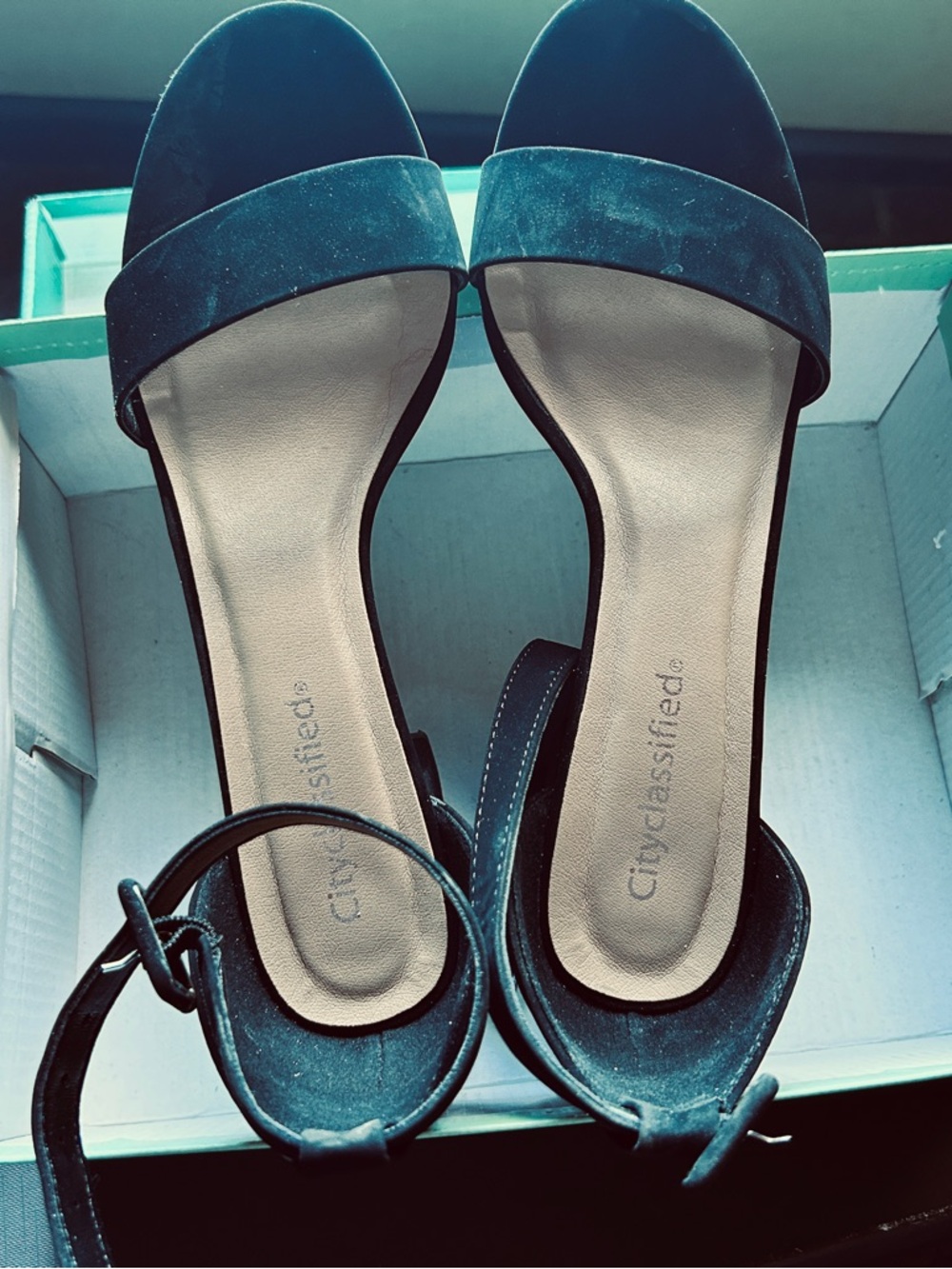 Cityclassified Black Suede Open-Toe Ankle Strap Heels